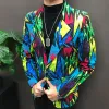 Suits Streetwear Hip Hop Singer Dancer Coat Colorful Graffiti Kontrast Färgmönster Stage Kostymer Män Slim Suit Blazer Jacket