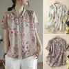 Blusas femininas leve topo elegante verão casual camisa coleção lapela manga curta ajuste solto com botão de bolso para baixo para um