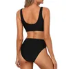 Kvinnors badkläder Kvinnor Två bit Scoop Neck Bikini Crop Top High Cut Baddräkt Sportig midja Badande Biquinis Beach Kvinna