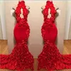 Red Rose Mermaid Prom Dresses New Sexy High Neck Appliques Formal Evening Dresses Sweep Train Cocktail Party Gowns S244H