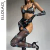 Ellolace Tie Dye Lingerie avec manches de bas sous-vêtements fantaisie sexy 5 pièces non censuré intime voir à travers des tenues sensuelles en maille 240305