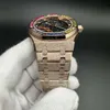 패션 자동 남성은 서리로드 로즈 골드 케이스 42mm 스켈레톤 다이얼 바게트 다이아몬드 레인보우 베젤을 본다.