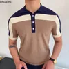 Été hommes à manches courtes tricoté Polo chemisier Cardigan Vintage mince Stretch t-shirts haut affaires décontracté hommes chemises vêtements 240301