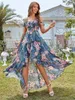 Casual Dresses Dubai African For Women Off Shoulder Front Short Sleeve Long Elegant Floral Chiffon Muslim Dress