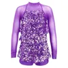 Bühnenkleidung Kinder Mädchen Funkelnde Pailletten Jazz Latin Dance Trikot Kleid Gymnastik Overall Mesh Langarm Moderne Ballett Dancewear Biketard