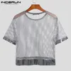 Männer T-shirt Durchsichtig Mesh Patchwork Streetwear Sexy Oansatz Kurzarm Crop Tops Atmungsaktive Party Casual Männer Kleidung S-5XL 240220