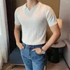 Men's T Shirts Summer Knit Top Ribbed Lapel Men T-shirt V Neck Short Sleeve Solid Color Slim Fit Pullover Knitted Business