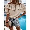 Kvinnors blusar Lady Off Shoulder Sexig Ruffled One Word Collar Lace-up Solid Mid-Sleeved Summer Casual T-Shirt Fashion Clothing 2024