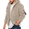 メンズジャケット男性秋の冬のコート厚い両面フリースフリースソリッドカラーフード付きルーズジップアップソフトロングスリーブジャケット