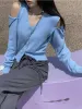 Кардиганы Deeptown Корейская мода Крупногабаритный кардиган женский Harajuku с v-образным вырезом вязаный джемпер сладкий сексуальный укороченный топ с открытыми плечами и длинными рукавами Y2K