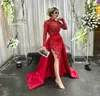 Robes de bal fourreau fendues sur le côté sexy avec jupe détachable appliques en dentelle manches longues robe de fête d'anniversaire rouge foncé col haut longue robe de soirée ajustée pour dame