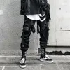 Schwarze Herren-Hip-Hop-Streetwear-Bänder mit Buchstaben-Aufdruck, funktionelle Overalls, lockere, gerade Fracht, feste Freizeithose 240305