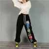 Calças hip hop streetwear feminino sweatpants harajuku moda coreana cintura elástica solta dança corredores esportes casuais calças largas perna