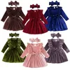 Fall Winter Kids Girls Long-sleeved Dress Baby Girls Long-sleeved Solid Ruffled Velvet Dress And Headband Party Dress 240226