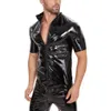 T-shirts pour hommes Rouge Noir Chemise Brillante Unisexe Métallique Hipster PVC T-shirt En Cuir Sexy Col Montant Manches Courtes Avant Zip Up T-shirts Tops