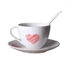 Mugs Red Blue Love Pattern Coffee Mug With Spoon Dish Simple Ceramic Set Afternoon Tea Cup Everything For The Kitchen