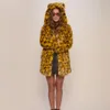 Caldo cappotto in peluche con orecchio a forma di cartone animato con stampa leopardata da donna, cappotto in pelliccia 447940