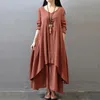 Rusty Red Dres Robe Femme Long Dress Vestido de Festa Ubrania vintage imitacja bawełniana lniana sukienki dla kobiet 240308