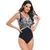 Costume da bagno da donna Costume da bagno stampato monokini sexy da donna Elegante scollo a V retrò in un pezzo con patchwork di stampa wireless per la spiaggia