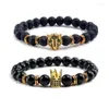 Strand Black Natural Volcanic Stone Bracelets Leopard Head Crown Elastic Rope Frosted Beaded Bangles Fashion Jewelry For Couples H214M