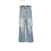 Blå baggy jeans för män kvinnor stora hål rippade mopping blossade denim byxor streetwear stora version byxor