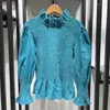 Damesblouses Franse Niche 2024 Vroege lente Elegant Pauwblauw Houten oren Corduroy Geplooide top