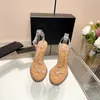 Designer Luxury Round Toe Transparent High-Heeled Slippers Fashion Womens 100% Leather Rhinestone Steel Ball Sandals Lady Sexig öppen tå stiletto hälskor storlekar 40