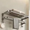 Folding Bath Towel Holder Movable Wall Mounted With Hook Rail Shower Rack Aluminum Hanger Bathroom Accessories 240304