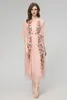 2024 Summer Embroidery Floral Print Women's Dress Stand Collar Zipper Ruffle Short-Sleeve Woman's Casual Long Dresses AS079