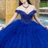 Blue Off Shoulder Princess Quinceanera Dresses Beads Tiered Tull Lace-up Prom vestido de 15 Sweet 16 Birthday XV Ball Gown Cinderella Girl Dress