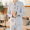 スーツM4XL伝統的な中国の襟チュニックスーツセット長袖ジャケット +パンツウェディングスーツ2PCSオフィスメンズ衣類XXXXL