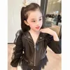 Girl Pu Leather Jacket Spring Autumn Mesh Patchwork Puff Sleeve Fashion Leather Coats Kids Motorcykel Jacka Läder WZ877 240304