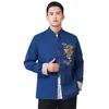 Jaquetas masculinas gola de pé jaqueta bordada retro vestido de festa de casamento casaco estilo chinês azul preto clássico 2024