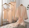 Mulheres sleepwear 5 peça pijamas conjunto verão feminino cetim quimono roupão de noite primavera senhora rendas nightwear robe vestido homewear