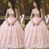 Pink Long Sleeve Prom Dresses Ball Gown Lace Appliqued Bow Sheer Neck 2022 Vintage Sweet 16 Girls Debutantes Quinceanera Dress Eve245u