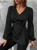 ZANZEA Mode Satin Bluse Für Frauen Herbst V-ausschnitt Langarm Blusas Solide Tunika Tops Elegante OL Arbeit Hemd Mujer chemise 240226