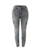 LW Plus Größe Hohe Taille Seite Klappe Tasche Cargo Jeans Frauen Reißverschluss Geraffte Design Jeans Kausalen Dünne Lange Hosen 240226