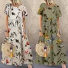 Summer Womens Clothing Casual Dresses Ethnic Style Retro Printed Round Neck Short Sleeve Large Size Loose Long