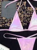 Ställ in sexig mikrobikini 2023 Solid Pink Pu Leather Push Up Triangle Baddräkt Brasiliansk Cut Out Beach Swimming Bathing SwimeWear