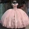 Robes de Quinceanera rose bouffantes, épaules dénudées, application douce 16 robes de bal en dentelle, robes de 15 à os xv dress2432