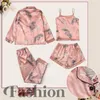 4 قطع ملابس النوم مجموعة Pajama مجموعة للنساء Faux Silk Stainwear أزياء أزياء مريحة مثير حبال سراويل الافتراء المطبوعة الملابس المنزلية 240226