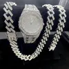 Correntes 3 pcs Iced Out Relógios para Homens Relógio de Ouro 15mm Cuban Link Pulseira Colares Diamante Hip Hop Jóias Homem Clock320s