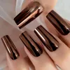 False Nails Champagne Metallic Press On Long Coffin Shiny Fancy Sexy Prom Party Gold Coffee Faux Ongles 24pcs