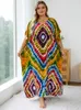 2024 Bohemian Multicolor v Dritic Dould Kaftan Dress for Women Summer بالإضافة إلى حجم Batwing Sleeve Faction فستان طويل Q14 240228