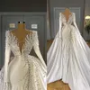 Luxury Pearls Mermaid Dresses with Overskirt V Neck Satin Long Sleeve Bridal Gowns Elegant Wedding Dress robes de mariee3231