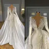 2021 Sexy perlas de lujo sirena vestidos de novia sobrefalda cuello en V satén manga larga vestidos de novia elegante vestido de novia batas de mar248K