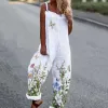 Capris Summer Loose Floral Print Jumpsuits Cotton Blend Off Shoulder Women Romper for Daily Wear Sleeveless Bib Overall Backless Pant