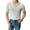 Men's T Shirts Summer Knit Top Ribbed Lapel Men T-shirt V Neck Short Sleeve Solid Color Slim Fit Pullover Knitted Business