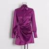 Casual Dresses Modphy 2024 Elegant Women Satin Shirt Dress Vintage Folds Long Sleeve Mini Sexy Female Slim High Waist