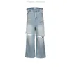 Blå baggy jeans för män kvinnor stora hål rippade mopping blossade denim byxor streetwear stora version byxor